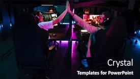  Presentation with tournament - Presentation theme with smiling-professional-gamers-giving-high background and a black colored foreground