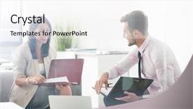  Presentation with helping seniors documents - PPT theme consisting of smiling professionals discussing over documents background and a  colored foreground