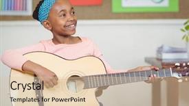  Presentation with music school - Amazing PPT layouts having smiling pupil playing guitar backdrop and a lemonade colored foreground