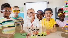  Presentation with atom - Colorful presentation design enhanced with smiling pupils doing science backdrop and a coral colored foreground