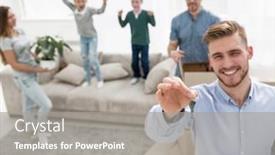  Presentation with realtor - Beautiful PPT theme featuring smiling-realtor-with-keys backdrop and a gray colored foreground
