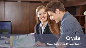  Presentation with city map - Presentation theme with smiling receptionist in hotel helping background and a dark gray colored foreground