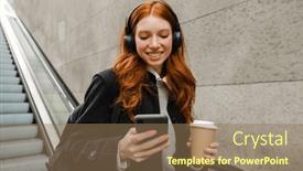  Presentation with takeaway coffee - Presentation design featuring smiling-redhead-woman-in-wireless background and a coral colored foreground