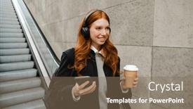  Presentation with takeaway coffee - Presentation theme having smiling-redhead-woman-in-wireless background and a violet colored foreground