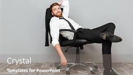  Presentation with office chair - PPT layouts featuring smiling relaxed businessman resting in office chair isolated over gray background background and a gray colored foreground