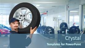  Presentation with car service - Colorful slide deck enhanced with smiling repairman with tire a in car repair service backdrop and a ocean colored foreground