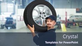  Presentation with car service - Beautiful slides featuring smiling repairman with tire a in car repair service backdrop and a tawny brown colored foreground