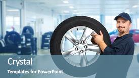  Presentation with car service - Slide deck featuring smiling repairman with tire background and a  colored foreground