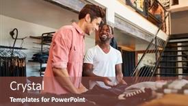  Presentation with sales - Beautiful presentation theme featuring smiling-sales-assistant-helping-male backdrop and a tawny brown colored foreground