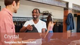  Presentation with sales - Presentation theme consisting of smiling-sales-assistant-helping-male background and a red colored foreground