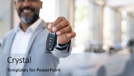  Presentation with car rental - Beautiful PPT theme featuring smiling salesman holding new car backdrop and a light blue colored foreground