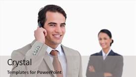  Presentation with salesman - PPT theme featuring smiling salesman on his cellphone with colleague behind him against a white background background and a light gray colored foreground