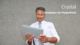  Presentation with salesman - Cool new slides with smiling salesman using electronic tablet backdrop and a gray colored foreground