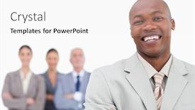  Presentation with salesman - Cool new slides with smiling salesman with team behind him against a white background backdrop and a white colored foreground