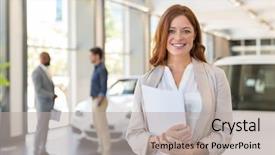  Presentation with car sales - Slide set enhanced with smiling saleswoman holding document while background and a light gray colored foreground