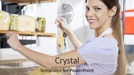  Presentation with grocery store - Beautiful presentation theme featuring smiling saleswoman packing cheese at grocery store backdrop and a coral colored foreground