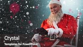 Presentation with snow flakes - Theme featuring smiling santa claus using digital tablet against snow with red flakes background and a dark gray colored foreground