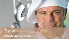  Presentation with taste - Slides having smiling satisfied chef taste the meal at restaurant background and a coral colored foreground