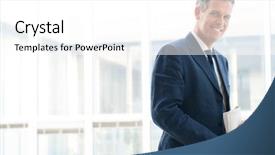  Presentation with camera - Cool new PPT theme with smiling satisfied senior businessman looking backdrop and a white colored foreground