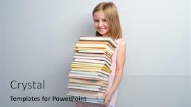  Presentation with stack books - Audience pleasing theme consisting of smiling-school-girl-holding-stack backdrop and a light gray colored foreground