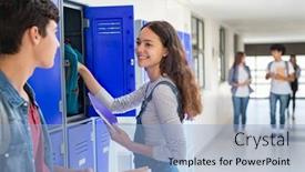  Presentation with high school - Beautiful slides featuring smiling-school-girl-using-locker backdrop and a light blue colored foreground