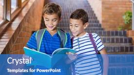  Presentation with kids reading book - Cool new PPT layouts with smiling school kids reading a book on staircase at school backdrop and a teal colored foreground