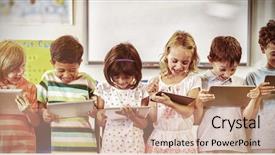  Presentation with tablets wood table tablet white - PPT theme having smiling schoolchildren using digital tablets background and a coral colored foreground