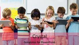  Presentation with tablets - Beautiful slides featuring smiling schoolchildren using digital tablets backdrop and a coral colored foreground