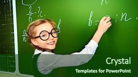  Presentation with task - PPT theme consisting of smiling schoolgirl performs the task at the blackboard education background and a forest green colored foreground
