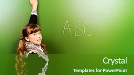  Presentation with task - Colorful PPT theme enhanced with smiling schoolgirl performs the task at the blackboard education backdrop and a forest green colored foreground