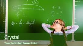  Presentation with task - Audience pleasing PPT theme consisting of smiling schoolgirl performs the task at the blackboard education backdrop and a forest green colored foreground
