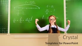  Presentation with task - Colorful theme enhanced with smiling schoolgirl performs the task at the blackboard education backdrop and a coral colored foreground