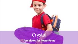  Presentation with backpack - Colorful presentation theme enhanced with smiling schoolkid standing with skateboard and backpack on white background backdrop and a purple colored foreground
