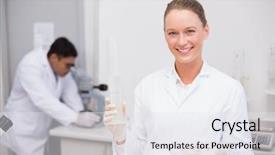  Presentation with petri dish - Beautiful presentation featuring smiling scientist filling a petri dish in laboratory backdrop and a white colored foreground