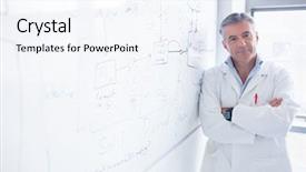  Presentation with whiteboard - Amazing theme having smiling scientist leaning backdrop and a sky blue colored foreground