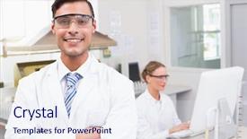  Presentation with smiling kids at summer camp - Presentation enhanced with smiling scientist looking at camera arms crossed in laboratory background and a sky blue colored foreground