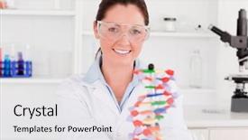  Presentation with dna - Audience pleasing theme consisting of smiling scientist showing the dna backdrop and a white colored foreground