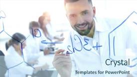  Presentation with scientist - Colorful theme enhanced with smiling scientist writes a formula backdrop and a  colored foreground