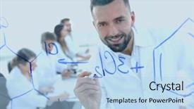  Presentation with scientist - Cool new PPT layouts with smiling scientist writes a formula backdrop and a  colored foreground