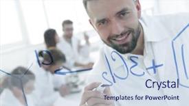  Presentation with scientist innovation - PPT layouts with smiling scientist writes a formula background and a  colored foreground