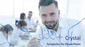  Presentation with scientist - Audience pleasing presentation consisting of smiling scientist writes a formula backdrop and a  colored foreground