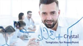 Presentation with scientist - PPT theme enhanced with smiling scientist writes a formula background and a  colored foreground