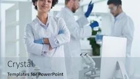  Presentation with camera - Slide set having smiling-scientists-looking-at-camera background and a light blue colored foreground