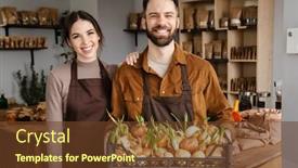  Presentation with eco - Slide set enhanced with smiling-sellers-man-and-woman background and a tawny brown colored foreground