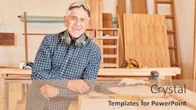  Presentation with experience - PPT layouts consisting of smiling-senior-as-a-craftsman background and a coral colored foreground