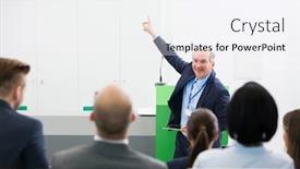 Presentation with lecture hall - Audience pleasing PPT theme consisting of smiling senior businessman giving presentation to colleagues in lecture hall backdrop and a sky blue colored foreground