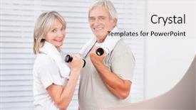  Presentation with senior citizen - Colorful slide deck enhanced with smiling senior couple doing fitness backdrop and a light gray colored foreground