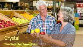  Presentation with grocery - PPT layouts with smiling senior couple holding apples background and a tawny brown colored foreground