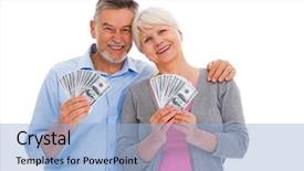  Presentation with money to buy the drugs - Cool new PPT layouts with smiling senior couple holding money backdrop and a light blue colored foreground