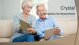  Presentation with active seniors senior couple - Amazing PPT theme having smiling senior couple using digital backdrop and a light gray colored foreground